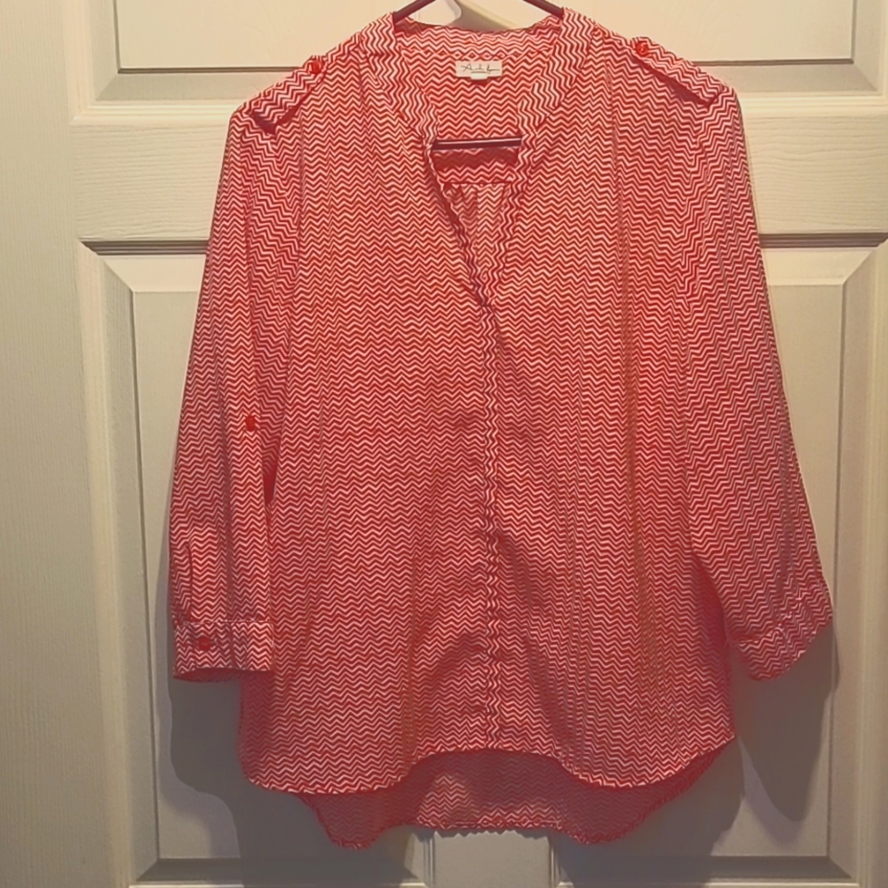 Womens blouse, red with pattern, size large